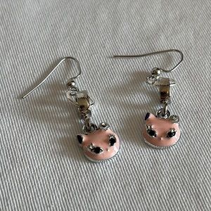 Silver Tone Pink Cat Head Earrings